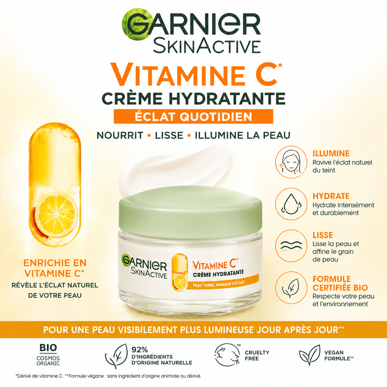Garnier SkinActive Vitamine C – Crème Hydratante Certifiée Bio Éclat Quotidien