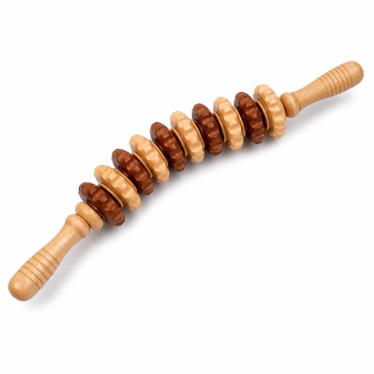 Rouleau de Massage Corporel en Bois Incurvé – 11 Roues Anti-Cellulite & Drainage