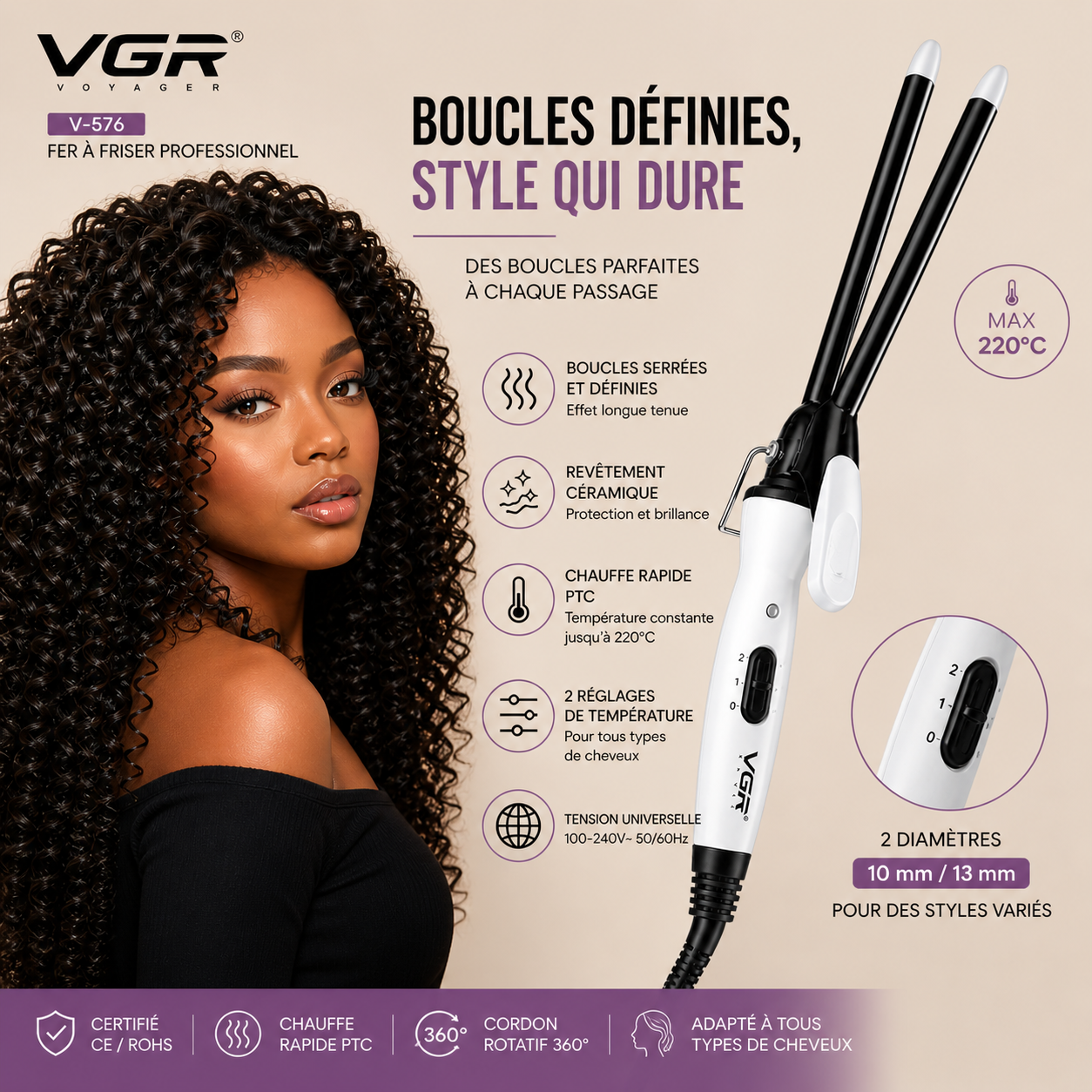 Fer à Friser & Boucler Professionnel VGR V-576 – Boucles Serrées Définies & Effet Wavy Longue Tenue