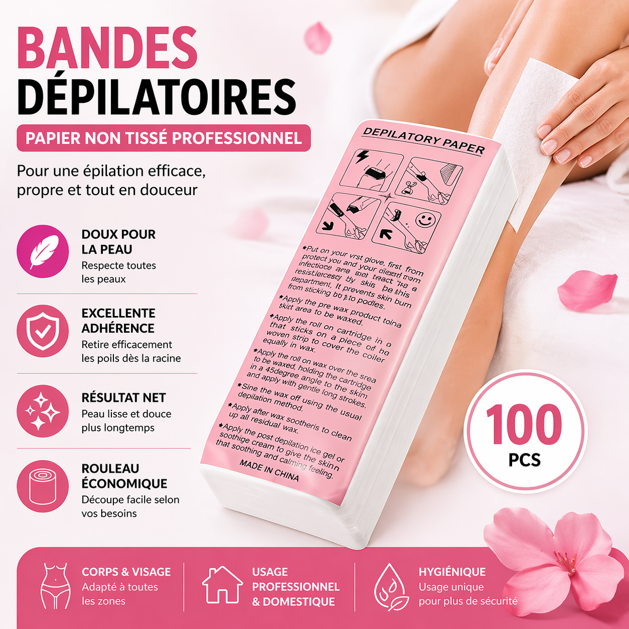 Bandes Dépilatoires Papier Non Tissé – Rouleau Professionnel Épilation Cire Corps & Visage