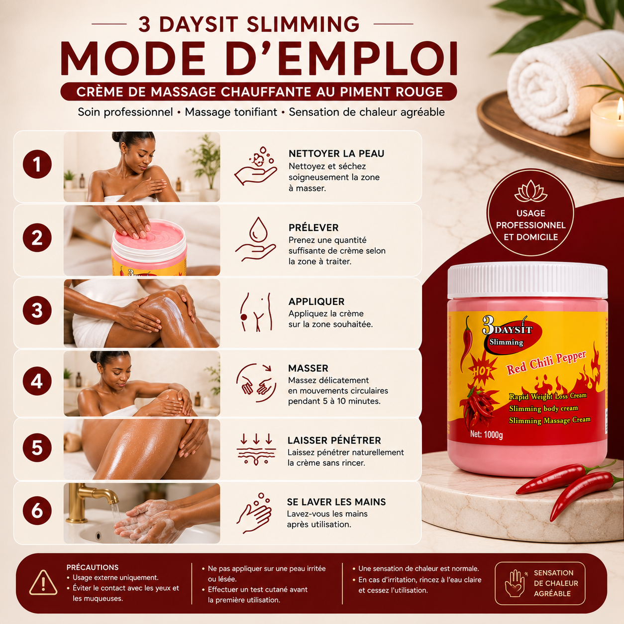 3 Daysit Slimming Burns Fat – Crème De Massage Chauffante Au Piment Rouge 1000 g
