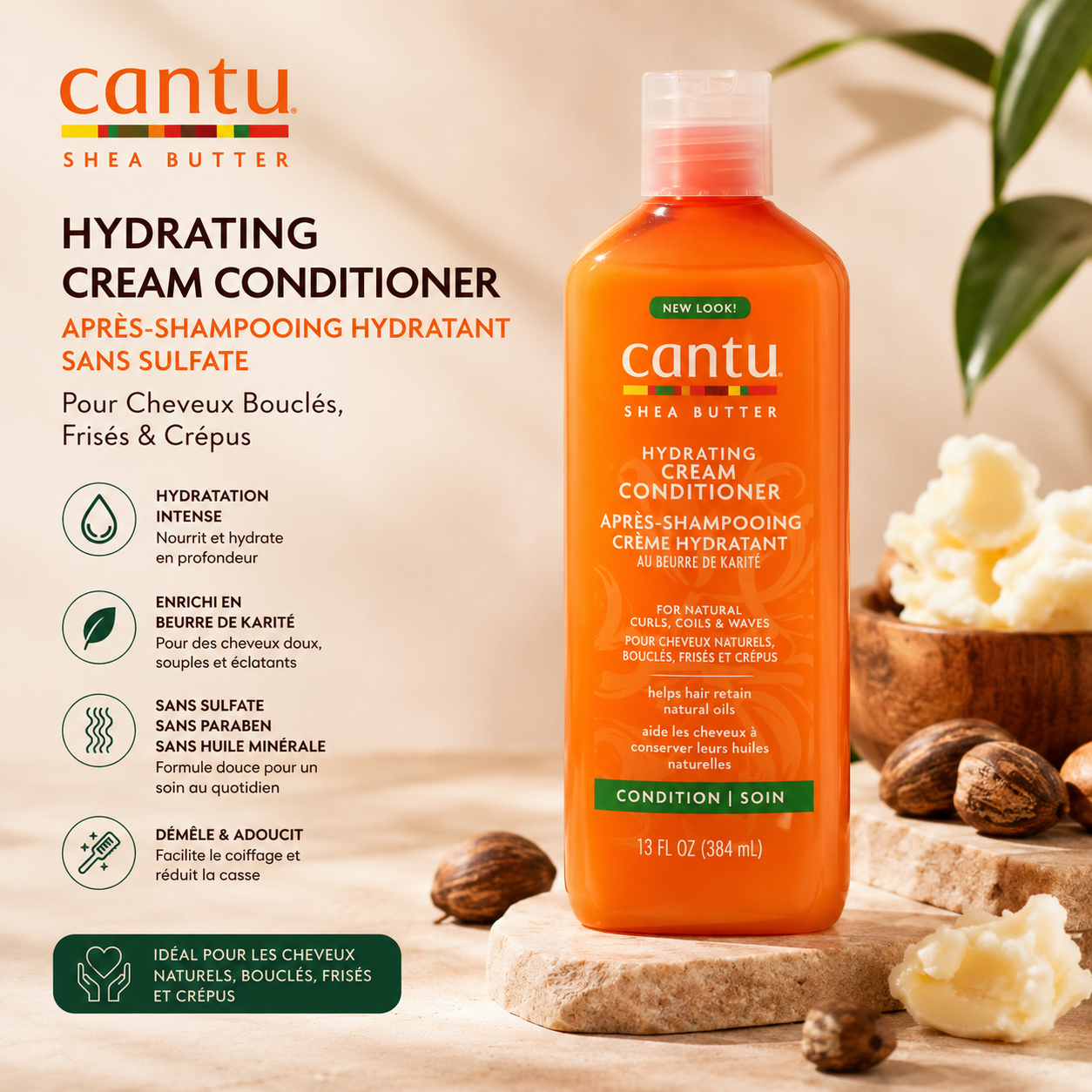 Cantu Shea Butter Hydrating Cream Conditioner – Après-Shampooing Hydratant Sans Sulfate Pour Cheveux Bouclés, Frisés & Crépus