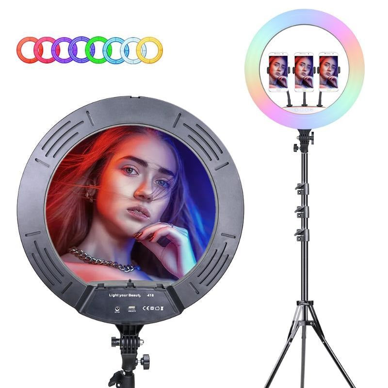 Ring Light Arc-en-Ciel avec Trépied – Anneau Lumineux LED 21 Pouces pour Vidéo, Maquillage, YouTube, TikTok et Photo- 3 Supports